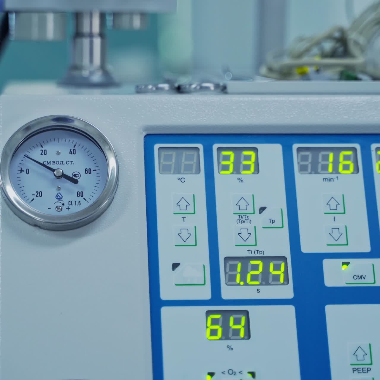 Medical apparatus in operating room. Computer technology for life saving. Numbers on screen of the latest technical equipment in clinic.