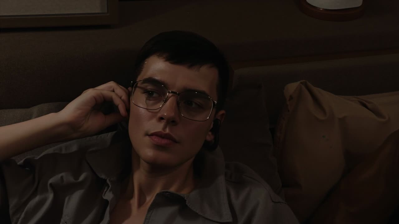 Adjusting right earbud after feeling it slip, man reclining on bed, wearing grey shirt and glasses