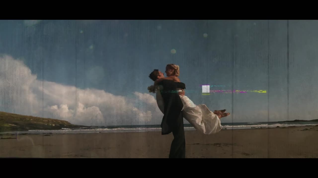 Animation of happy couple on wedding day at beach on retro tv screen