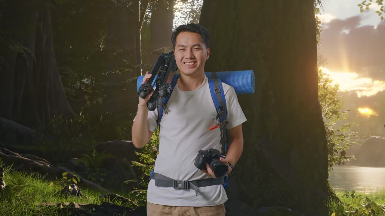 산악 배 을 들고 있는 아시아 남자 산책자 가 미소 짓고, 카메라 를 들고, 숲 의 자연 을 탐험 하는 동안 어깨 에 삼각대 를 놓고 있다