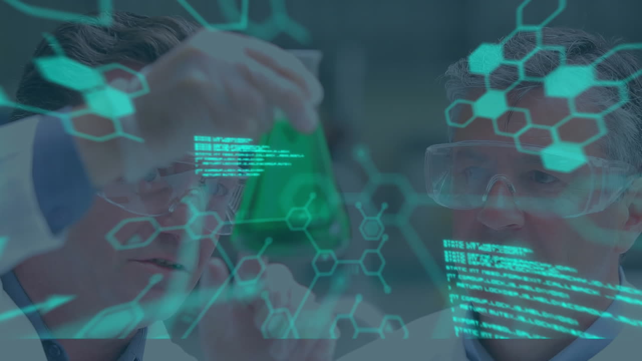 Animation of scientific data processing over two scientists in laboratory