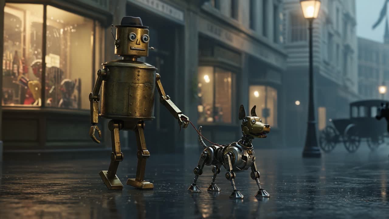 A Charming Encounter: A Vintage Robot and Its Playful Mechanical Dog Stroll Through a Rainy, Nostalgic Street Lined with Antique Shops and Gas Lamps