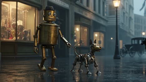 a charming encounter: a vintage robot and its playful mechanical dog stroll through a rainy, nostalgic street lined with antique shops and gas lamps