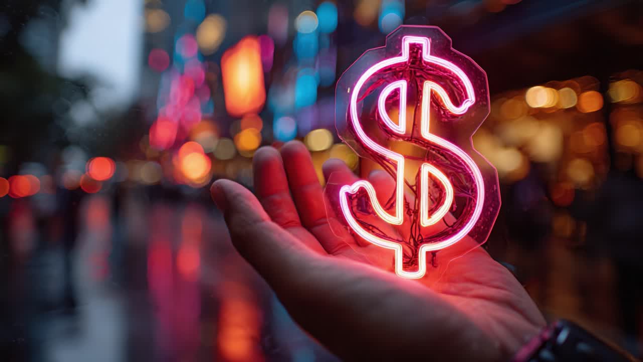 Un'insegna al neon luminosa del dollaro tenuta in mano, che riflette l'atmosfera di una città vibrante di notte, simboleggiando ricchezza e opportunità nella vita urbana.