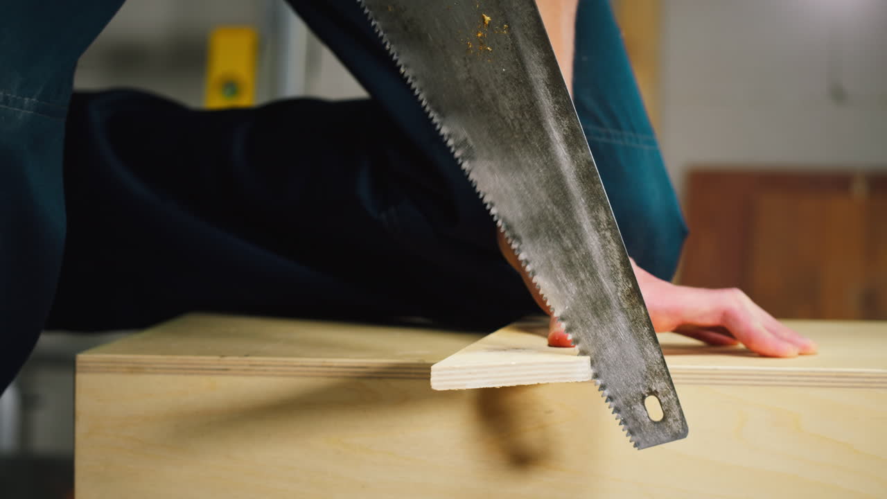 Close-up of Person Sawing Wooden Plank with Hand Saw
