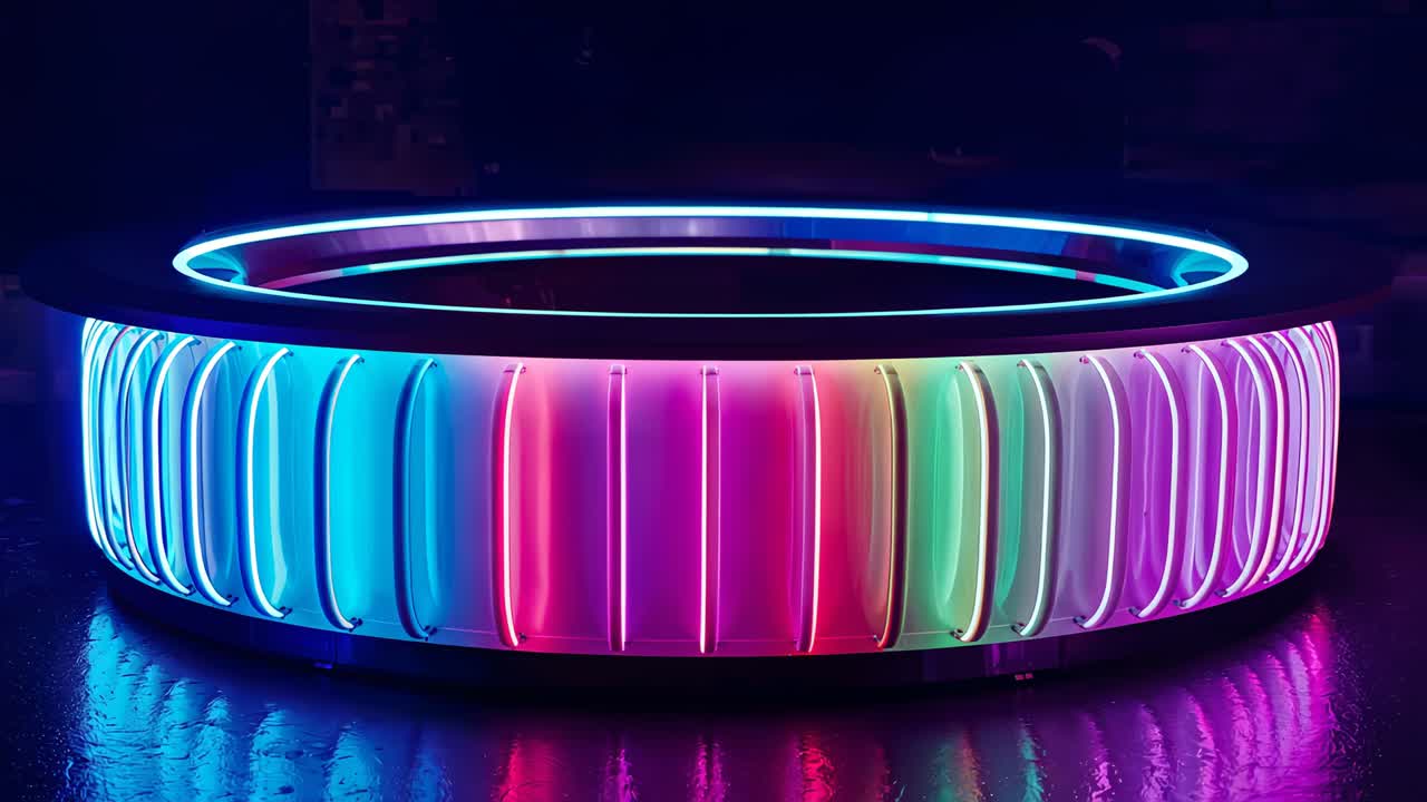 Powering up low-profile LED ring cycling hues, reflecting on glossy table with cyan inner lip