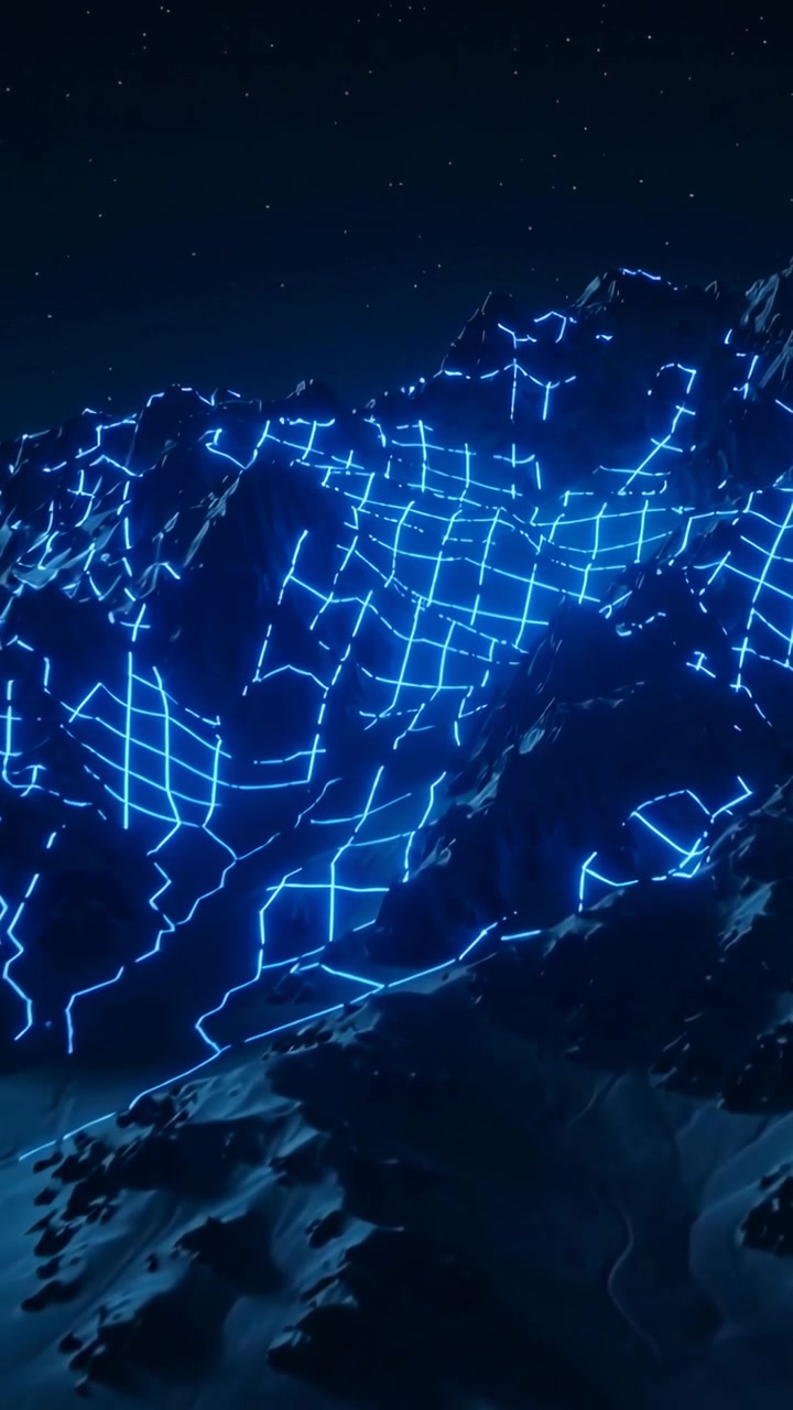 Vertical video: Approaching camera capturing ridge revealing pulsing cyan grid for mapping at night