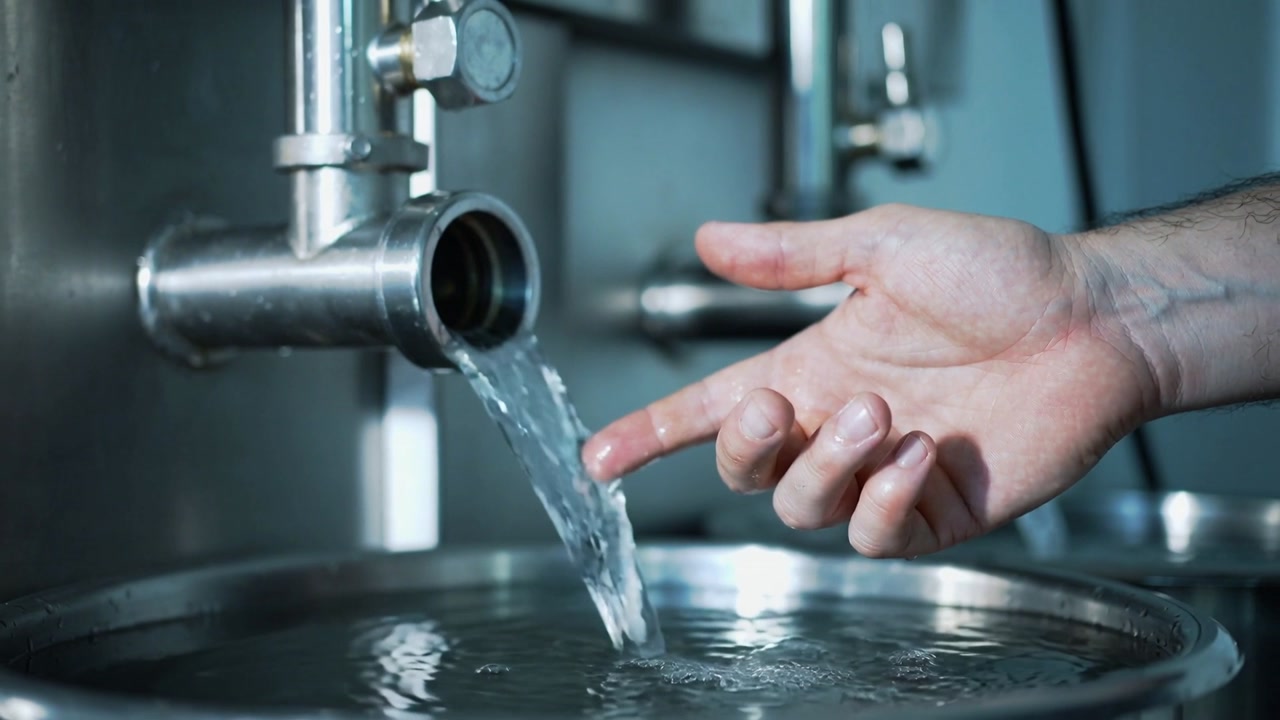 Reacting to steady flow, right hand placing fingertip under spout over steel basin, copy space