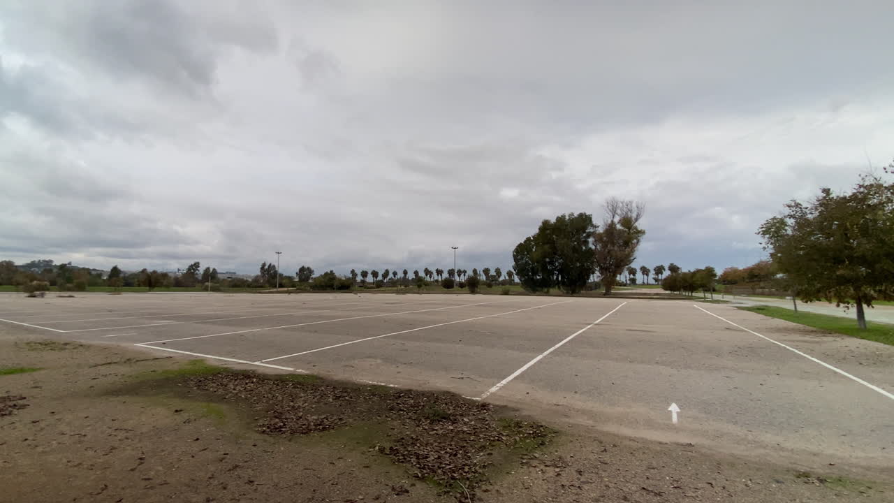 empty parking lot stretches beneath a heavy sky, marked lines fading into distance as wind moves through isolated trees and open asphalt