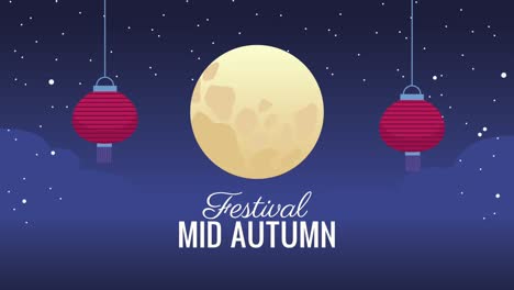 mid autumn lettering animation with fullmoon and lanterns