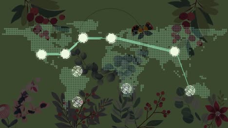 animation of network of connections and world map on floral background