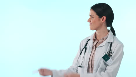 Studio-doctor,-healthcare-and-happy-woman-point