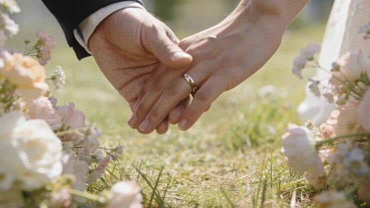 Hovering hands groom cuff coming cupping and joining bride sleeve on grass, rings, flowers for vows