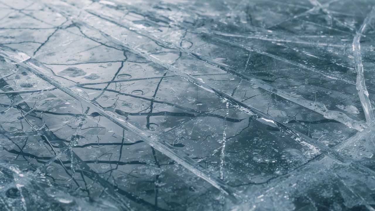 In risposta ai cambiamenti di luce, il ghiaccio incrinato rivela canali di fusione sul ghiaccio dello stagno, con bolle intrappolate.