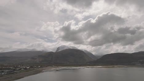 Aerial-establishing-shot-of-the-Ben-Nevis-and-the-Range-covered-in-snow