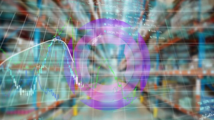 Animation of data processing with globe over warehouse