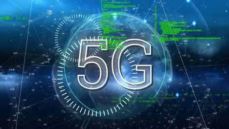 Animation-Von-5g-Text-In-Kreisen,-Computersprache-über-Zahlen-Rund-Um-Den-Globus-Auf-Abstraktem-Hintergrund