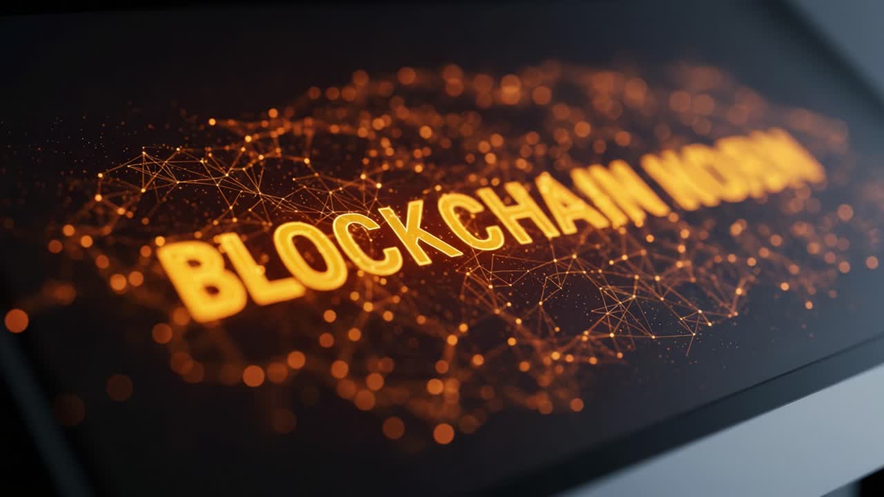 A Close-Up View of a Digital Display Showcasing the Term 'Blockchain' Highlighted Against a Network of Bright Connections in a Gradation of Orange and Black Colors