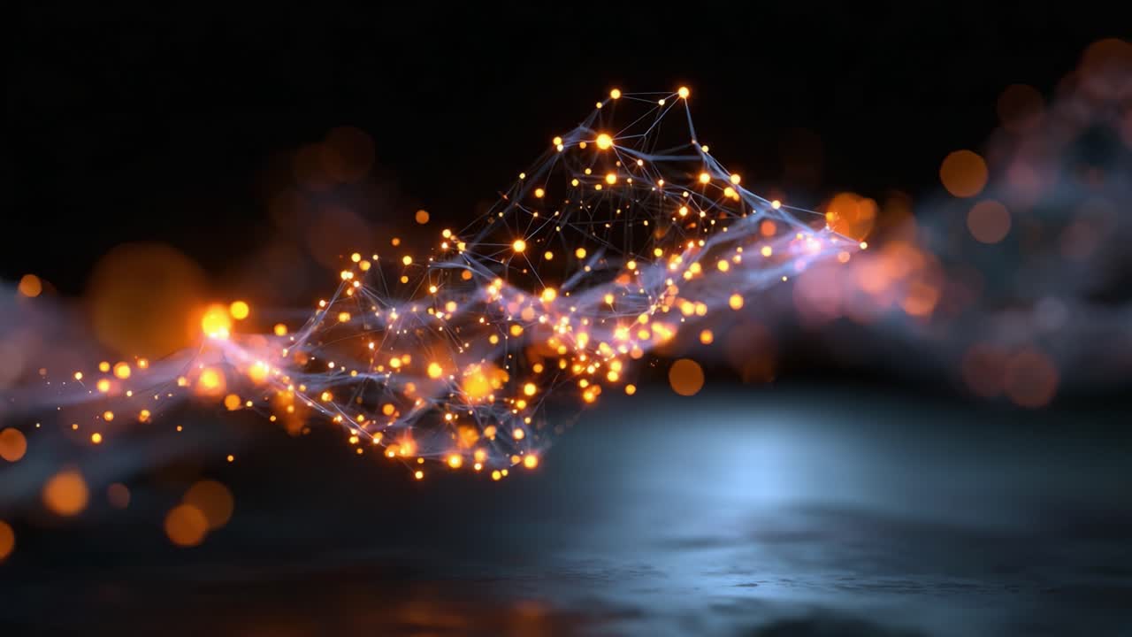 Visualizzazione astratta dinamica di nodi interconnessi con particelle luminose, che mostra una rete futuristica di luce in movimento su uno sfondo scuro
