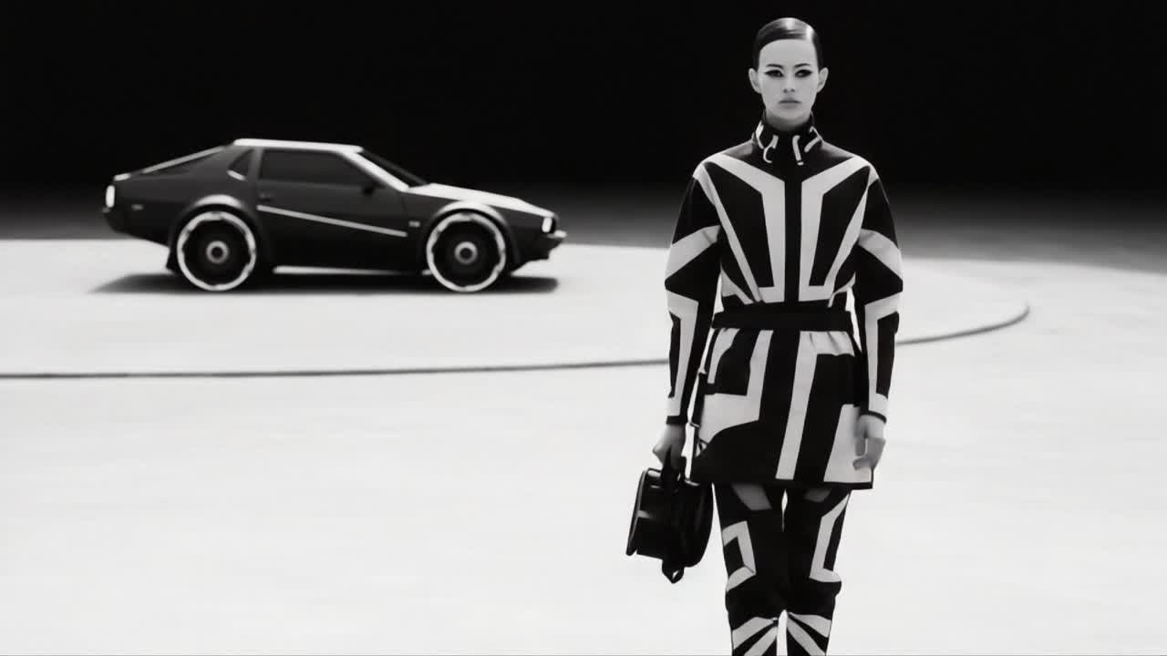 A striking monochrome fashion showcase featuring a model in a geometric ensemble paired with a retro-inspired vehicle, set against a minimalist backdrop emphasizing bold contrasts