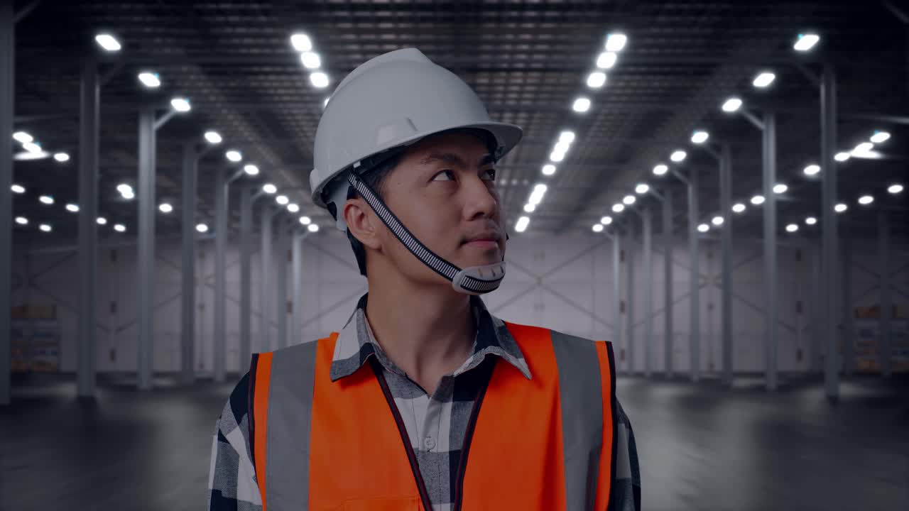 Primer plano de ingeniero asiático con casco de seguridad mirando a su alrededor mientras está de pie en un almacén moderno vacío.