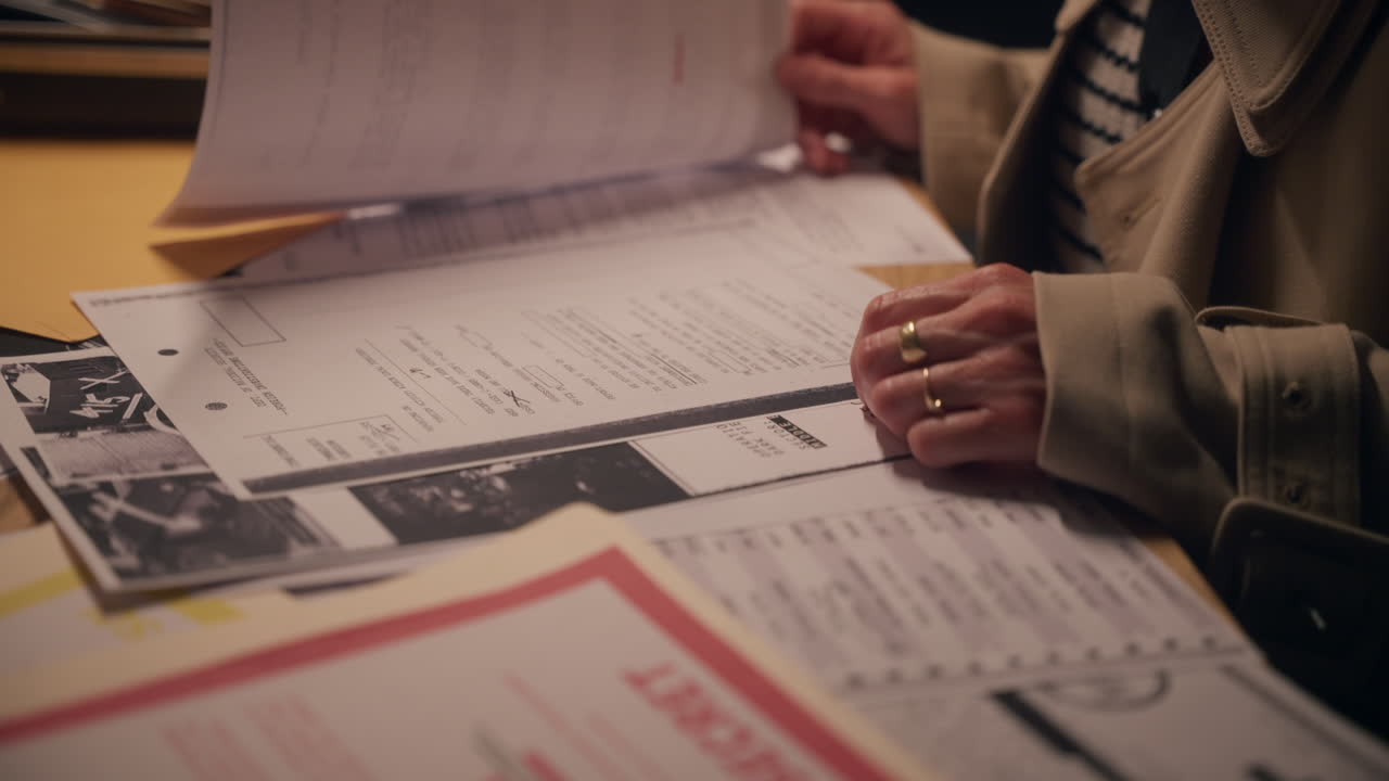 Female detective or spy flipping through pages of classified top secret documents and folders on office desk. Looking and searching information with censored text and redacted lines. Conspiracy leak