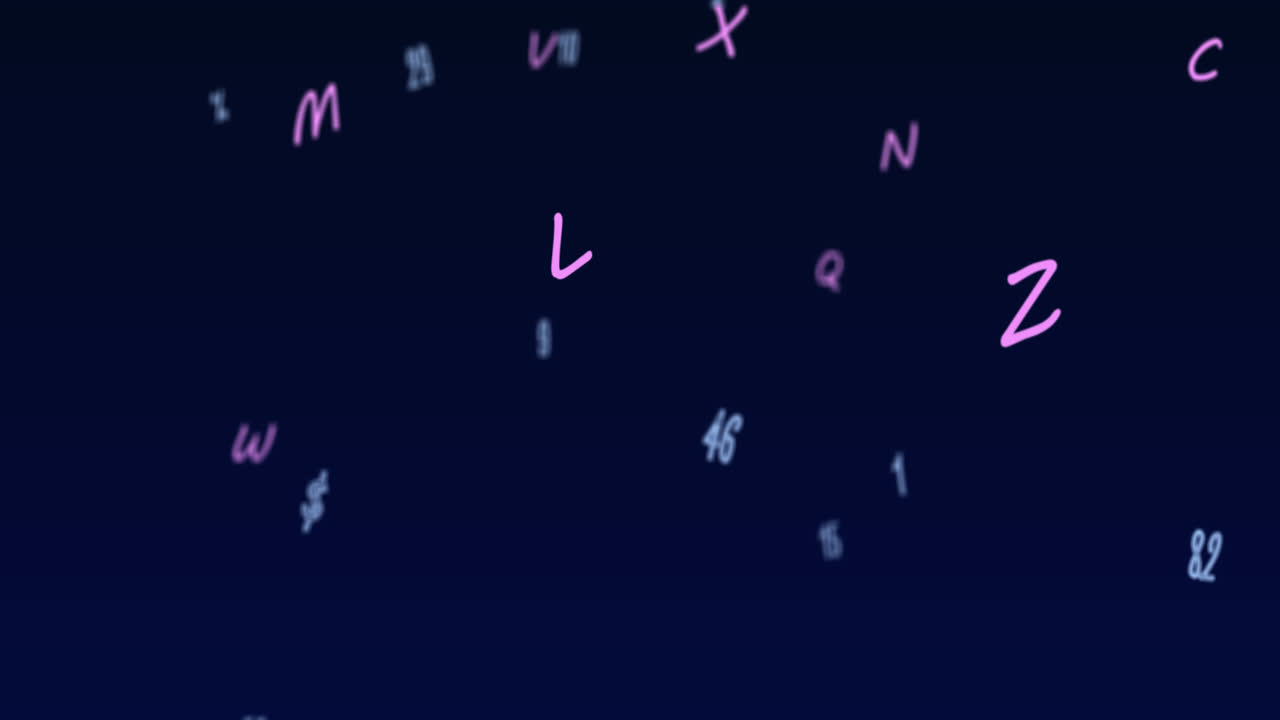 animación digital de múltiples números y alfabetos flotando contra un fondo azul