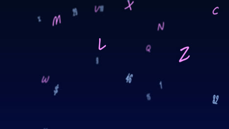 digital animation of multiple numbers and alphabets floating against blue background