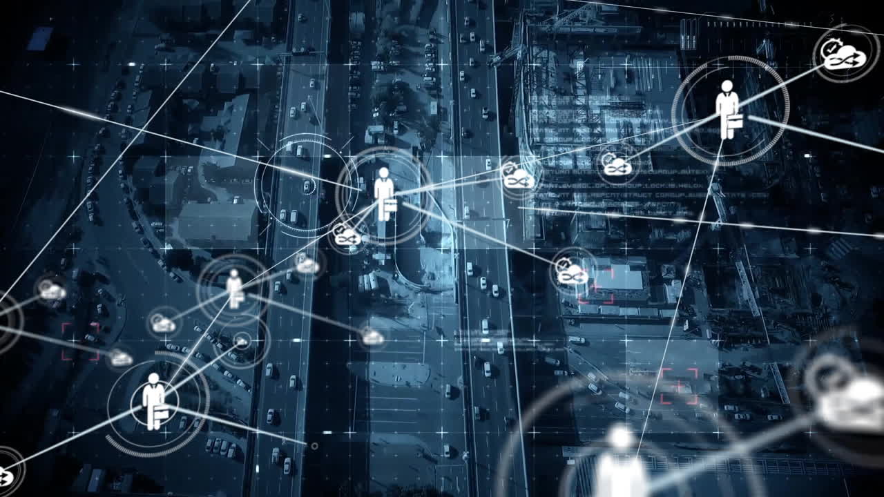 Network of connections and data processing animation over urban landscape