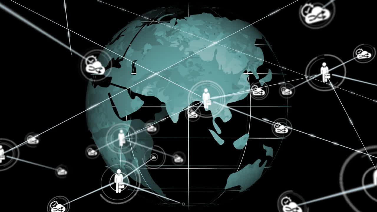 анимация сетей соединений с иконами над кружащимся глобусом на черном фоне