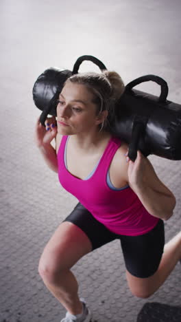 vertical video of confident caucasian woman doing lunges holding sandbag working out at gym