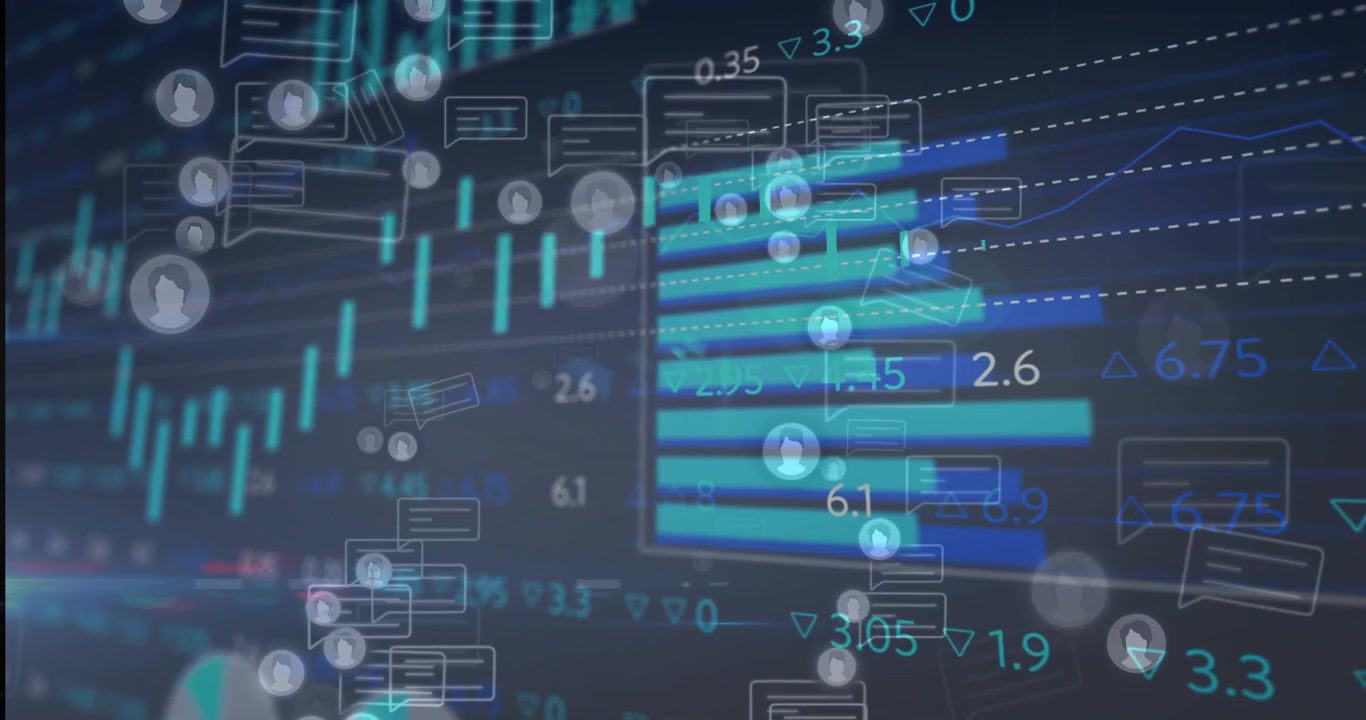 Receiving data, market UI panning right on navy gradient, showing teal candles and drifting bubbles