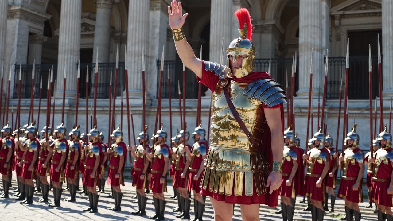 A video still of Roman soldiers in formation, with a leader in golden armor saluting