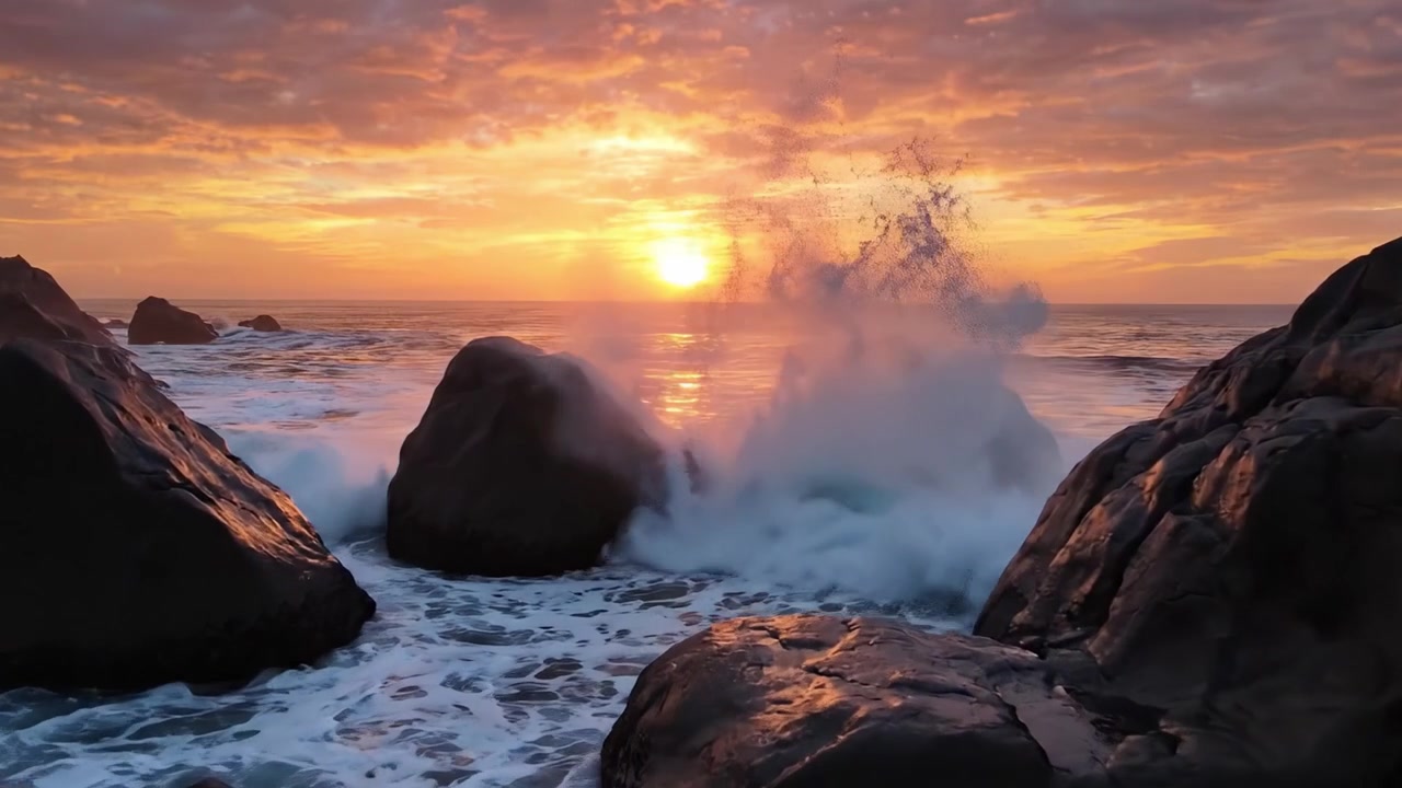 Tramonto mozzafiato su una costa rocciosa: una vista spettacolare della bellezza della natura con onde che si infrangono contro grandi massi sotto un cielo colorato.