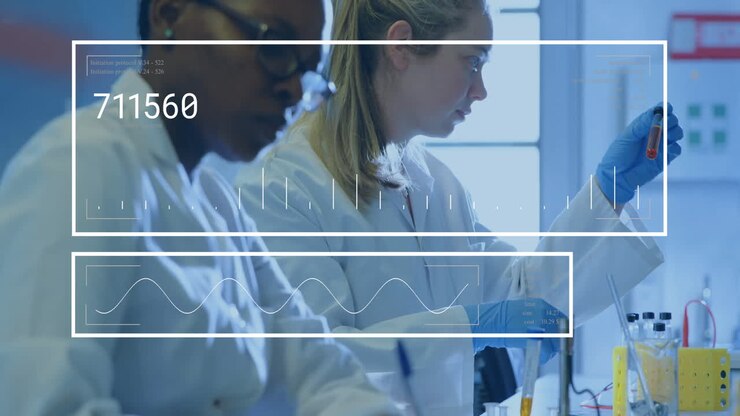 Animation of data processing over diverse scientists in laboratory