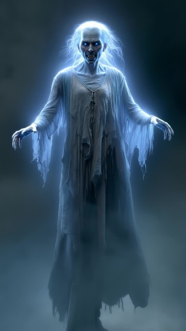 A creepy looking ghostly figure with white hair and blue eyes