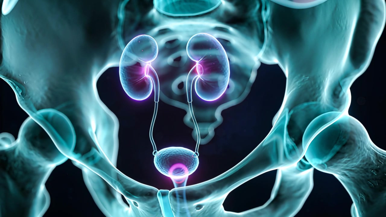 Starting 3D pelvic model in studio pulsing kidneys and bladder tracing ureters showing renal path