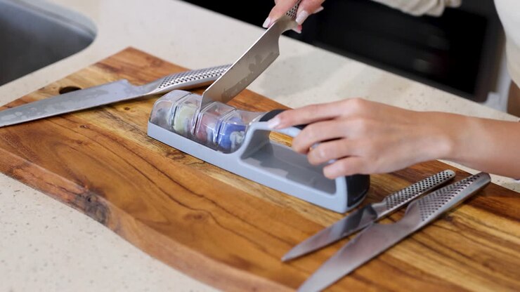 A person sharpens a knife using a sharpening tool on a wooden cutting board in a well-lit kitchen