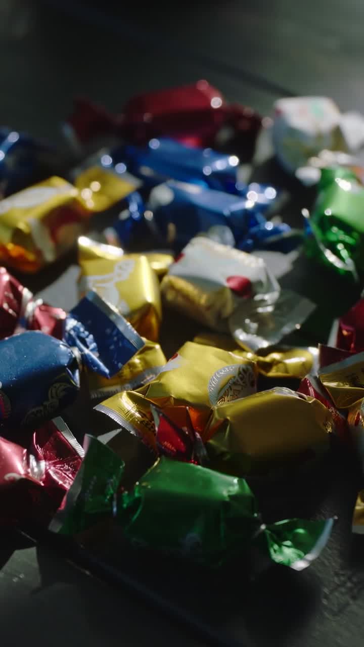 Vertical video: Moving camera highlighting candies on dark tabletop, emphasizing foil reflections