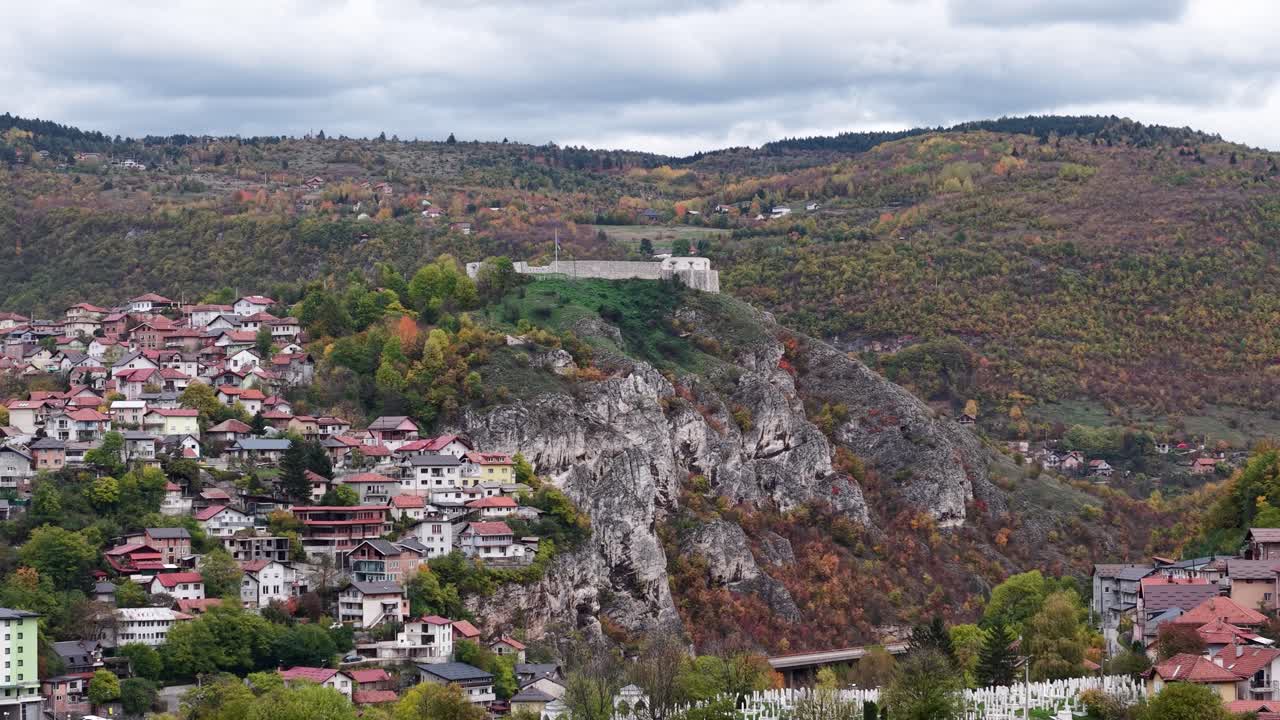 Aerial View of White Fortress and Muslim Cemetery in Sarajevo, Bosnia and Herzegovina