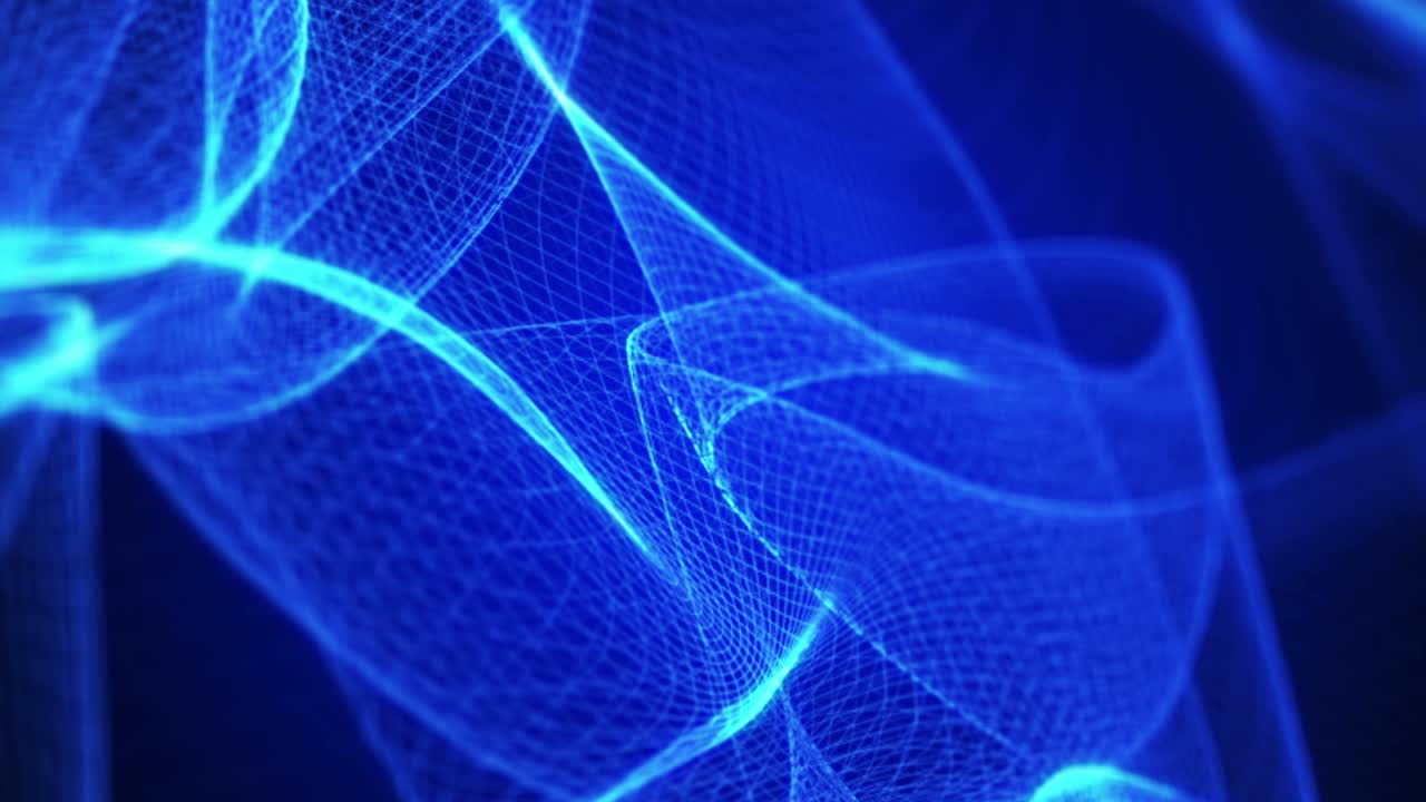 Abstract blue blurred mesh pattern as flowing waves motion. Animated seamless video loop decorative fractal background template.