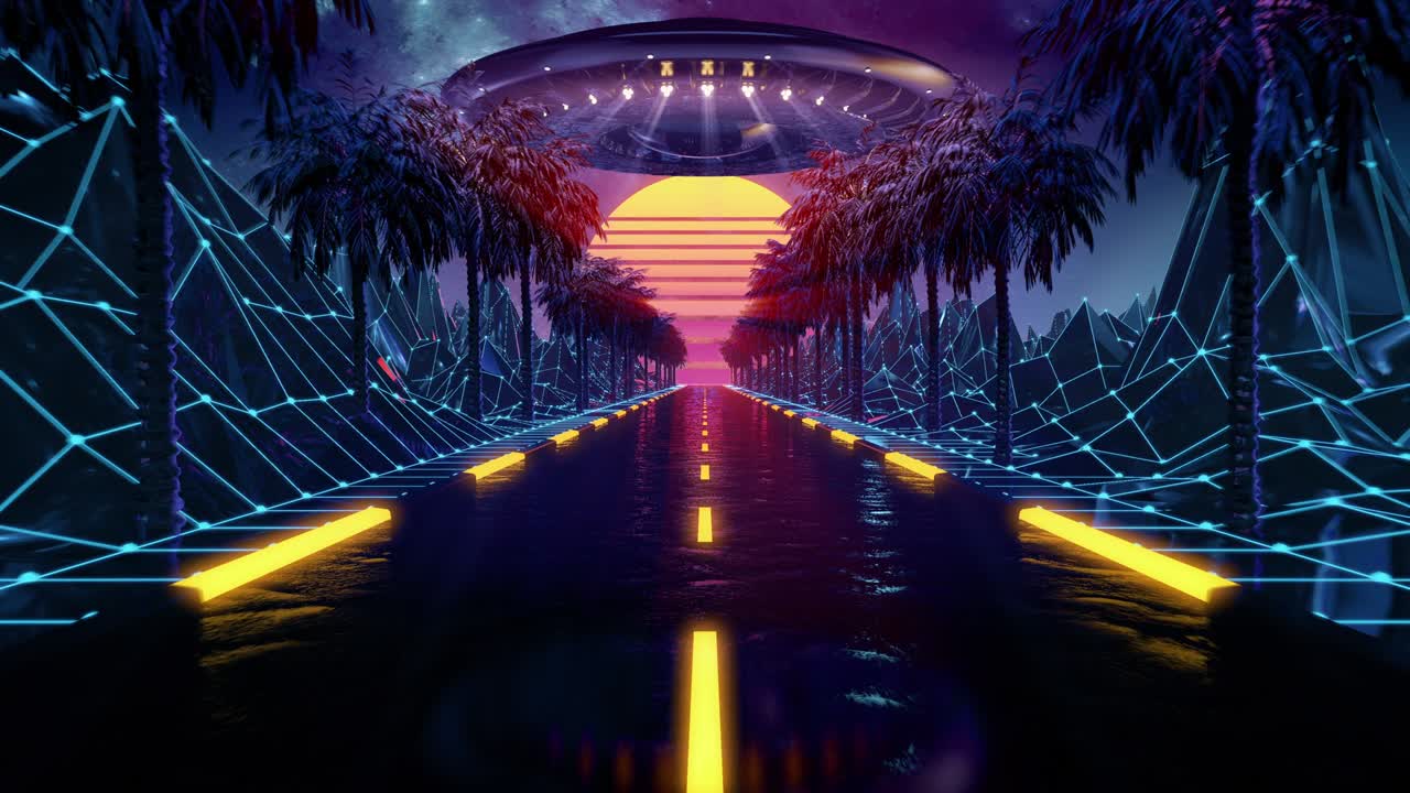 80s retro futurista ciencia ficción bucle sin costuras. vi paisaje con luces de neón ufo