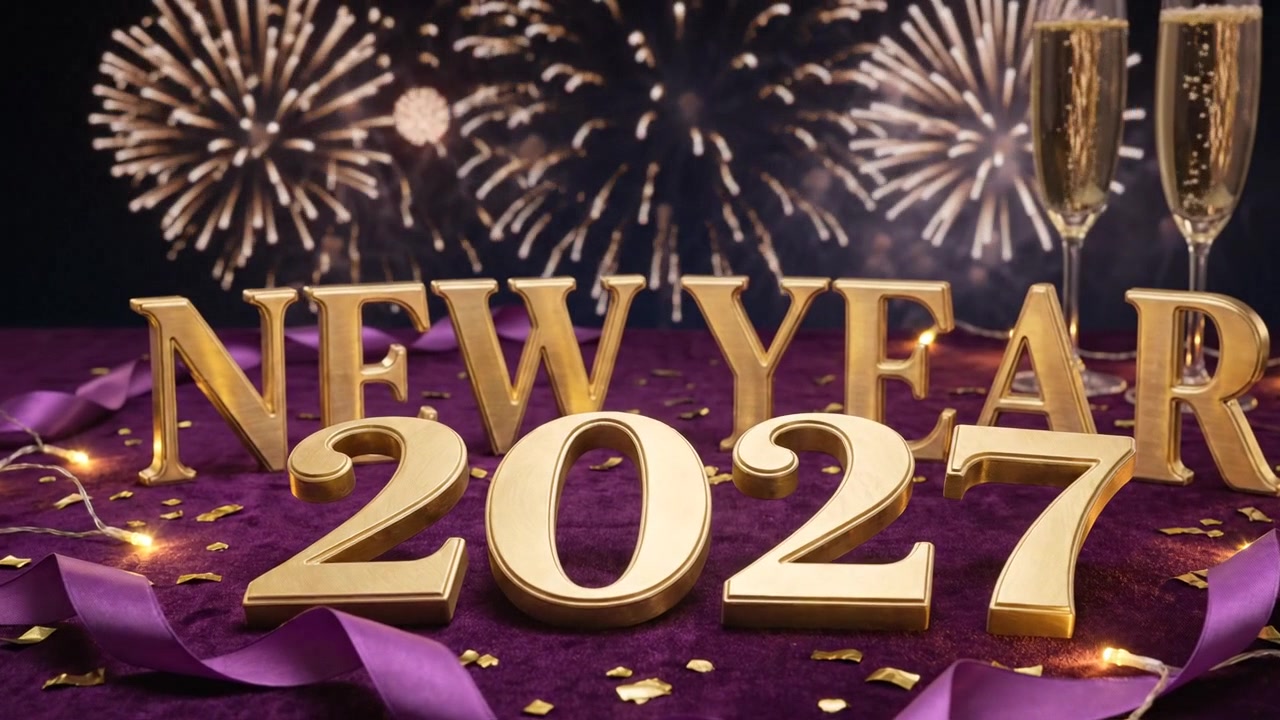 Animación de saludo de Año Nuevo 2027 con tipografía decorativa en morado y dorado sobre fondo oscuro.