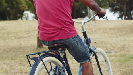 back view of senior man riding bicycle in park