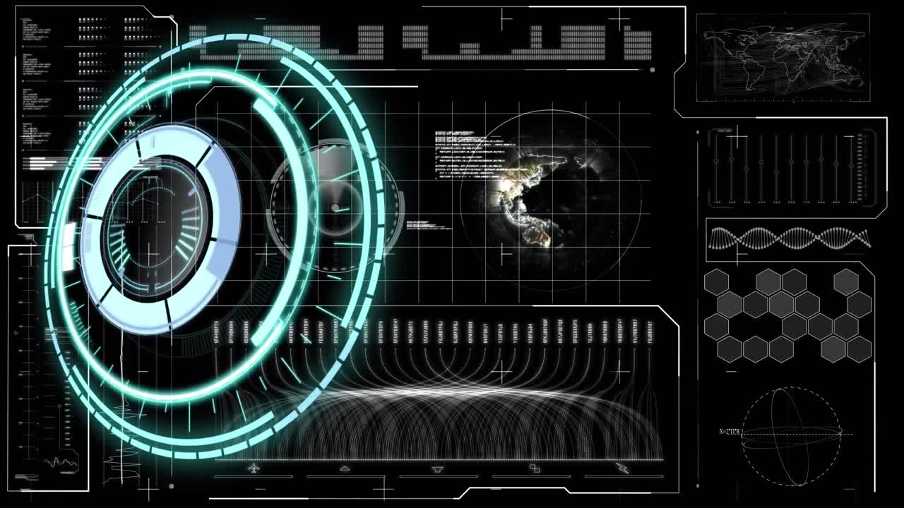 Animation of scope scanning and data processing on black background