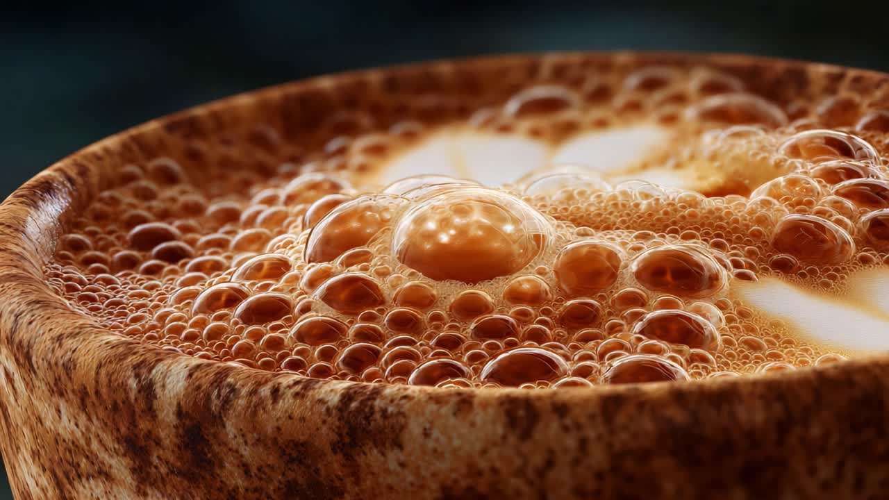 A Close-Up View of a Creamy Beverage with Bubbles in a Rustic Cup Capturing the Rich Textures and Swirling Patterns of Foam and Liquid in Warm Tones