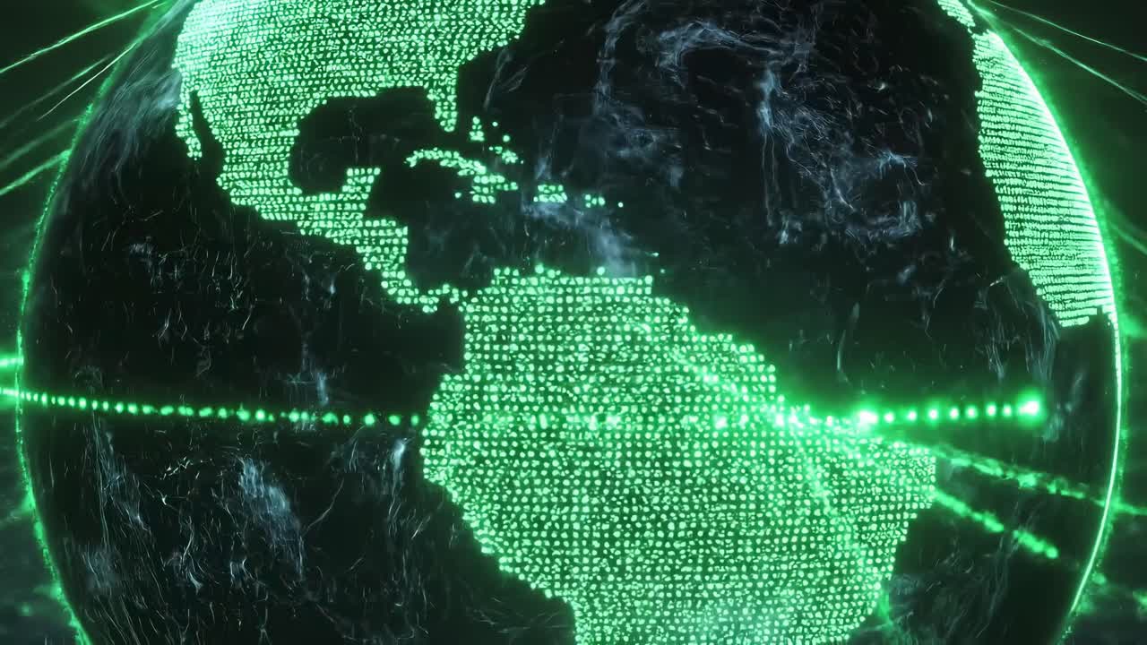 Futuristisk videokoncept af en lysende grøn Jord set fra et frøperspektiv, digital stil