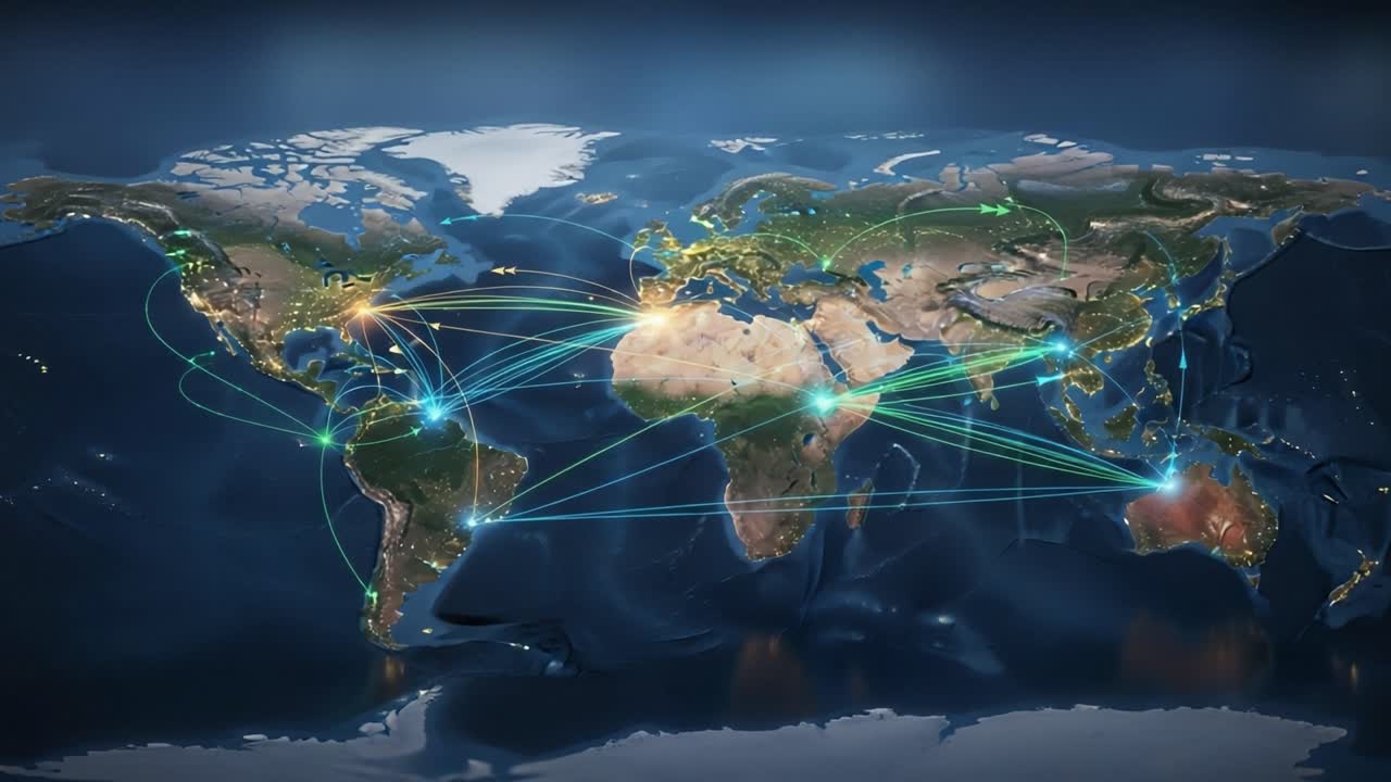 Dynamic Global Connectivity Depicted Through Network Links on World Map Illustrating Communication and Data Transfer Across Continents