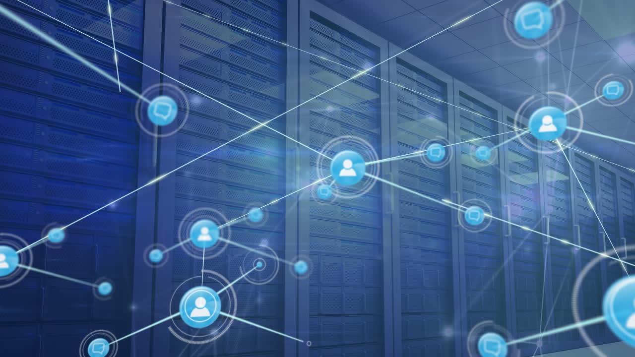 Animation of network of connections with people icons over computer servers