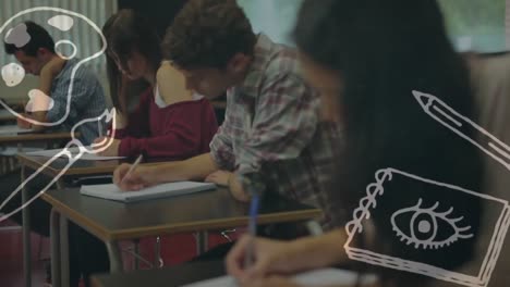 múltiples iconos de concepto de arte contra un grupo de estudiantes universitarios que estudian en la clase en la universidad